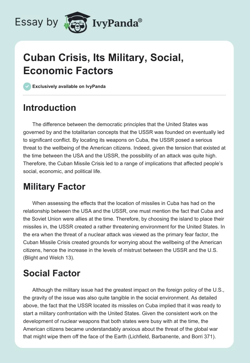 Cuban Crisis, Its Military, Social, Economic Factors. Page 1