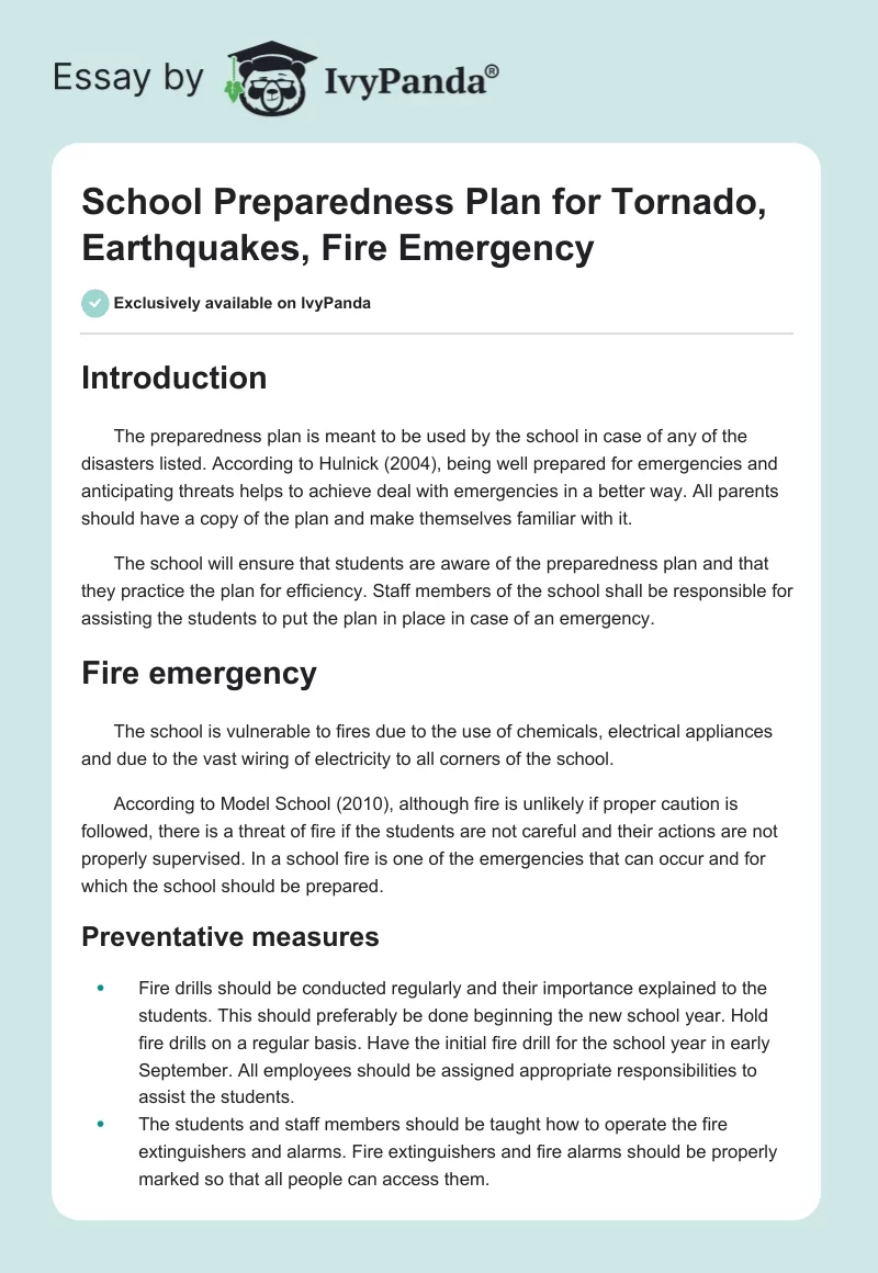 School Preparedness Plan for Tornado, Earthquakes, Fire Emergency. Page 1