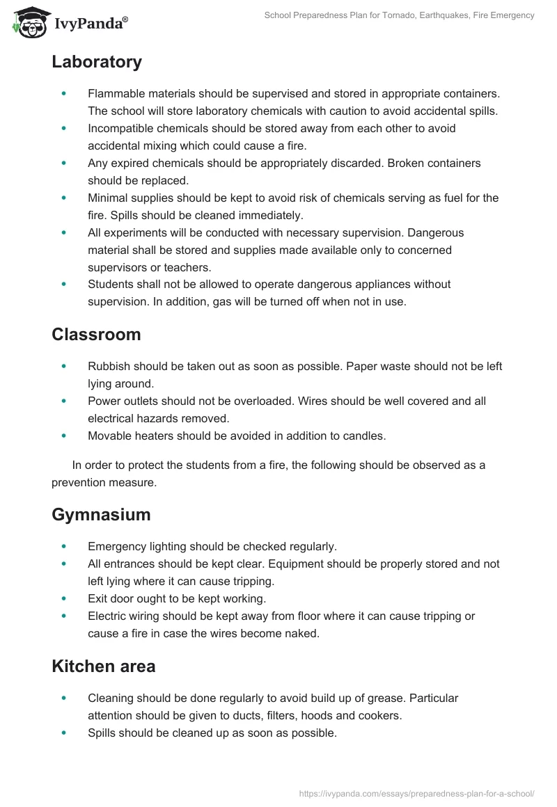 School Preparedness Plan for Tornado, Earthquakes, Fire Emergency. Page 2