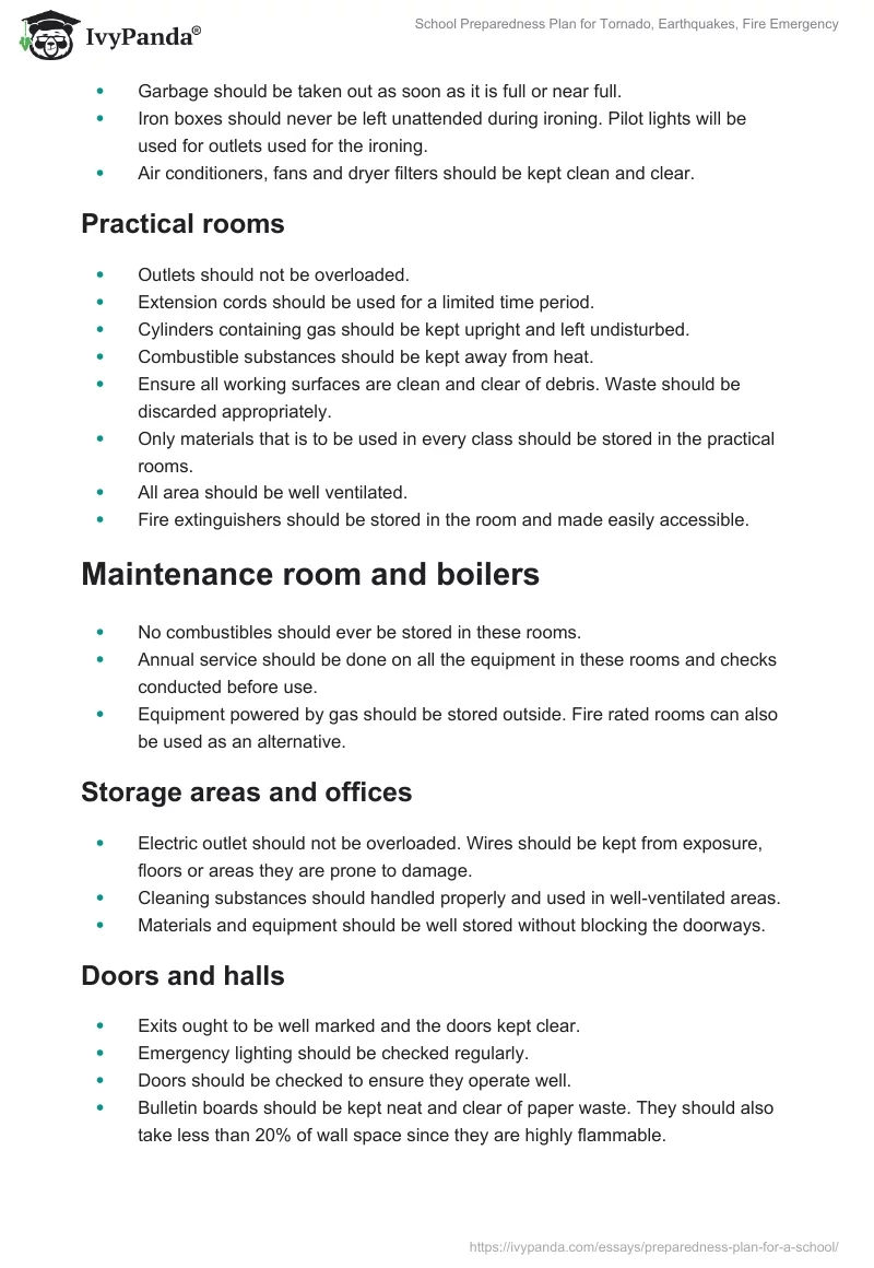 School Preparedness Plan for Tornado, Earthquakes, Fire Emergency. Page 3