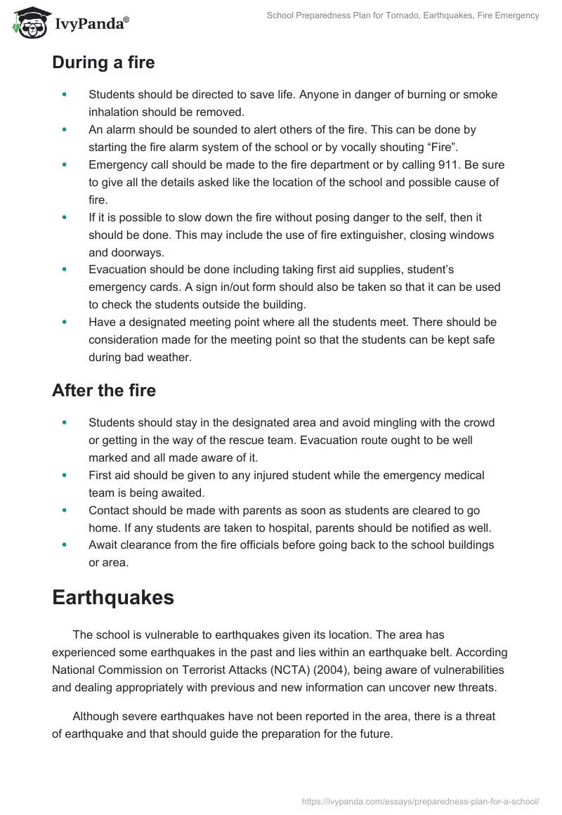 School Preparedness Plan for Tornado, Earthquakes, Fire Emergency. Page 4
