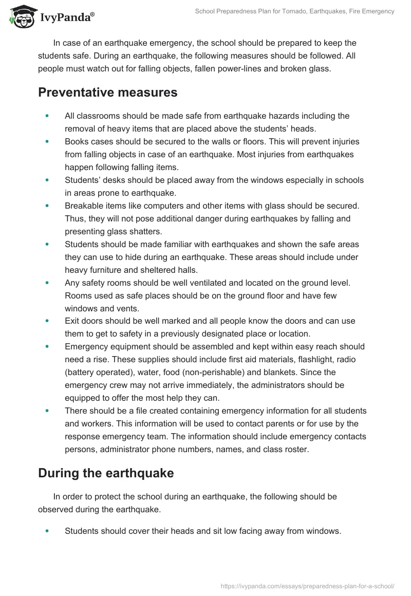 School Preparedness Plan for Tornado, Earthquakes, Fire Emergency. Page 5