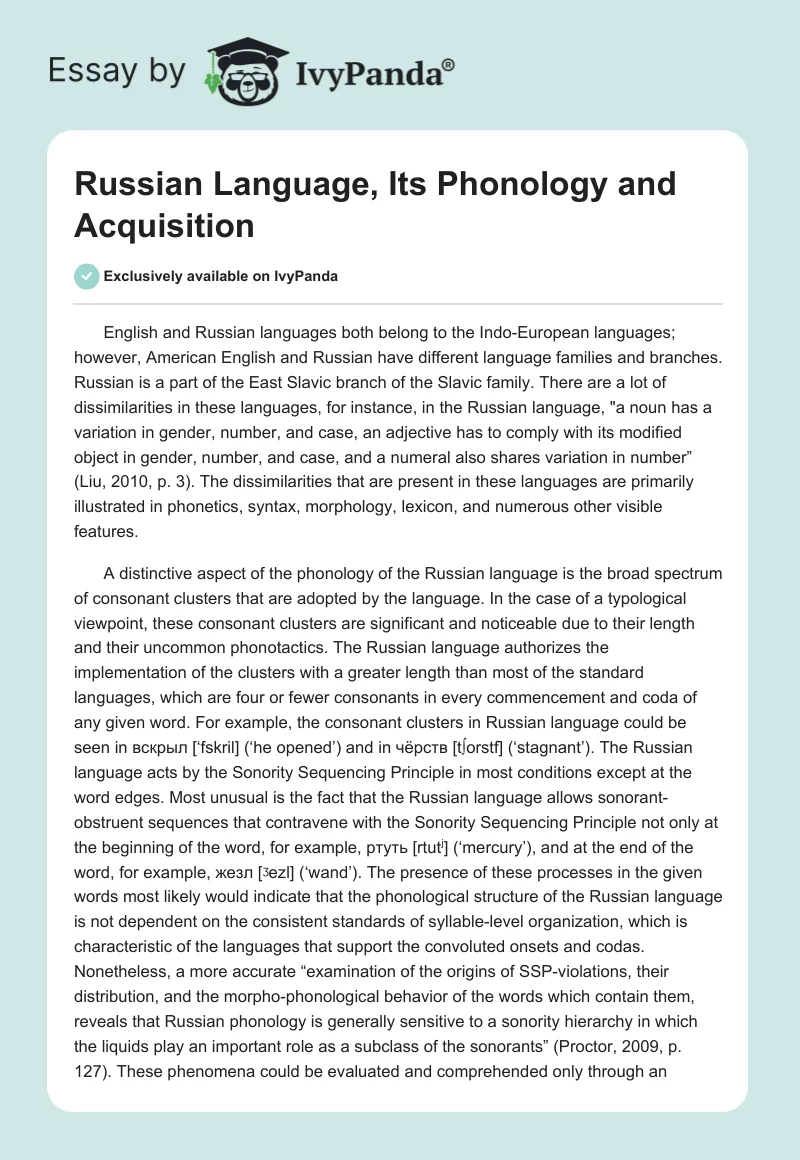 Russian Language, Its Phonology and Acquisition. Page 1