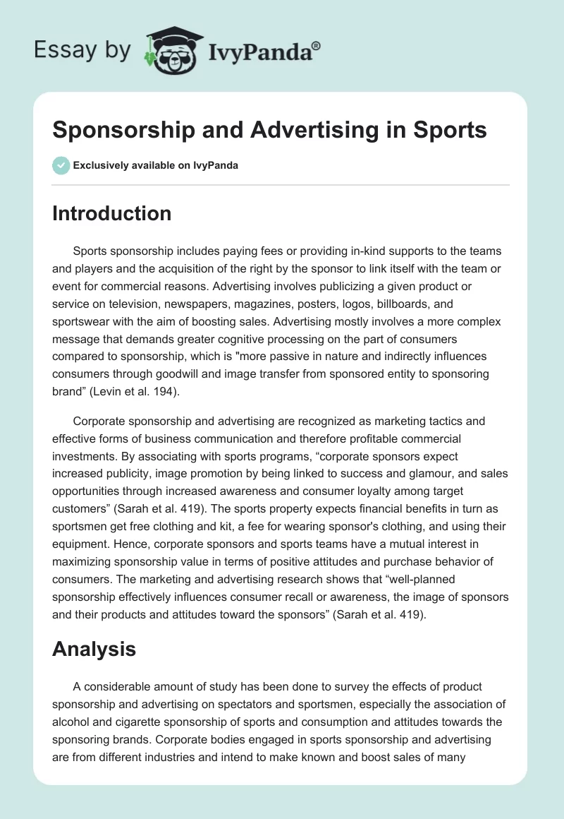 Sponsorship and Advertising in Sports. Page 1
