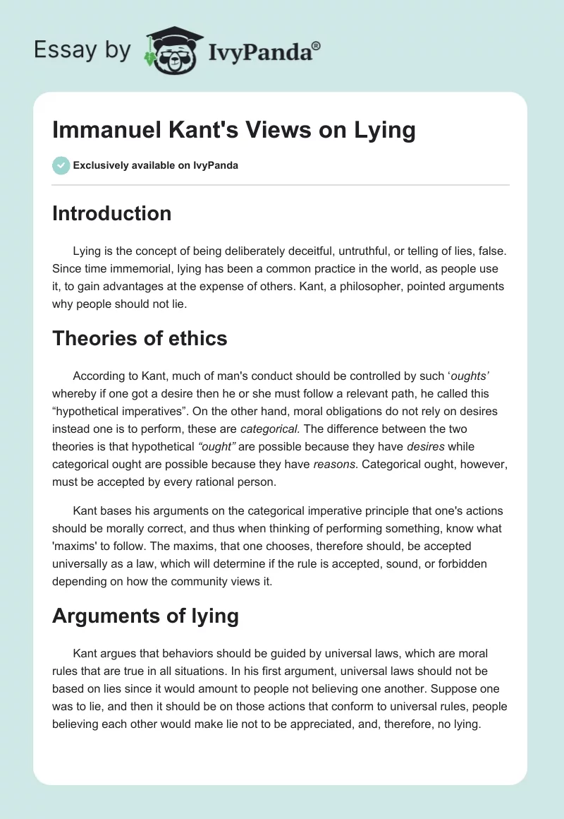 Immanuel Kant's Views on Lying. Page 1