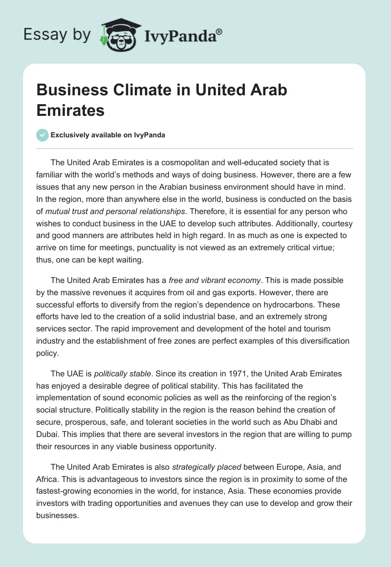 Business Climate in United Arab Emirates. Page 1
