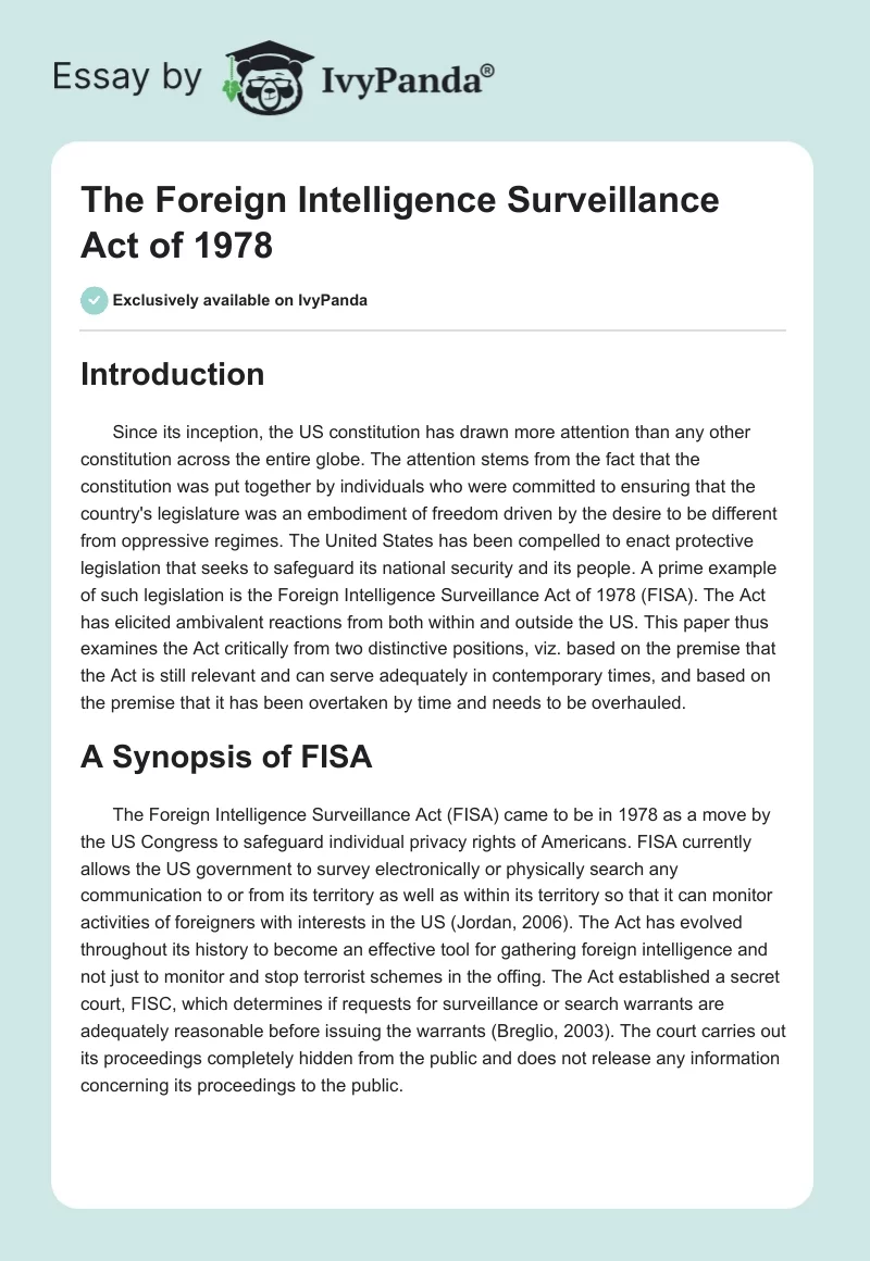 The Foreign Intelligence Surveillance Act of 1978. Page 1