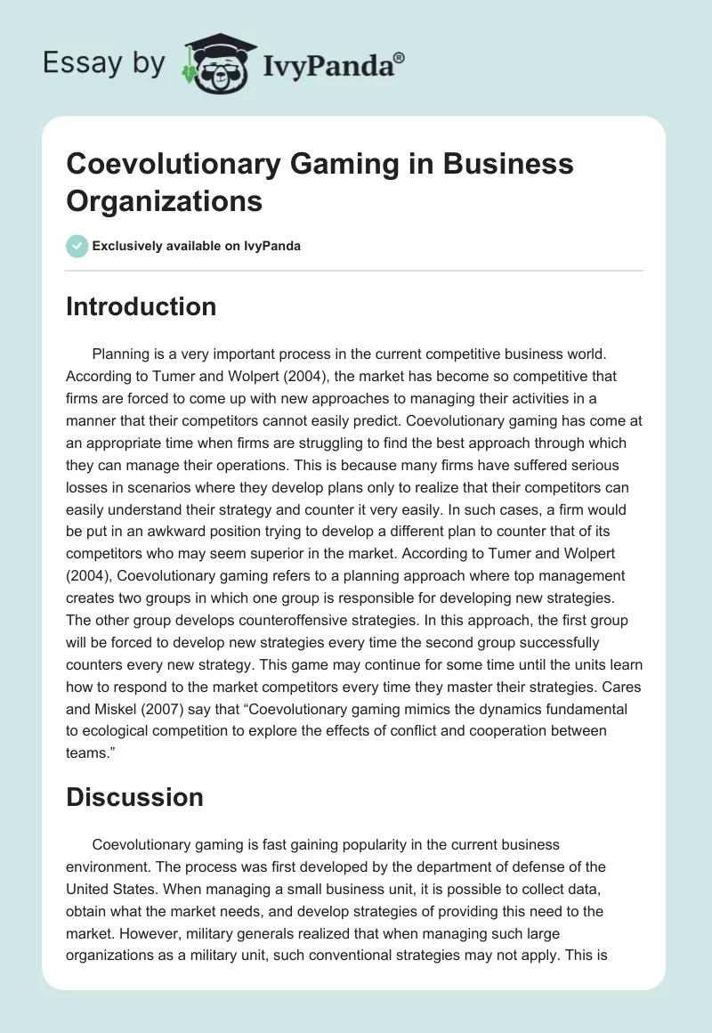 Coevolutionary Gaming in Business Organizations. Page 1