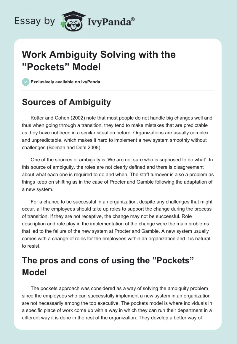 Work Ambiguity Solving with the ”Pockets” Model. Page 1