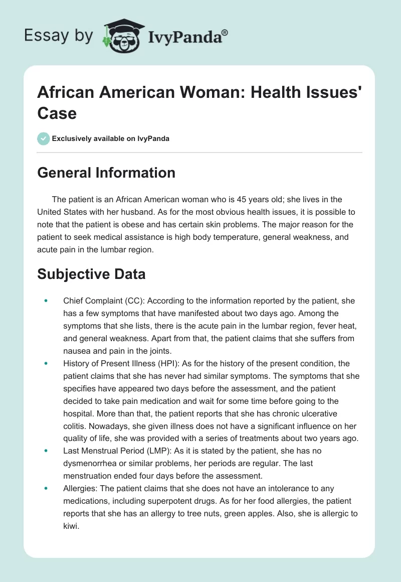 African American Woman: Health Issues' Case. Page 1