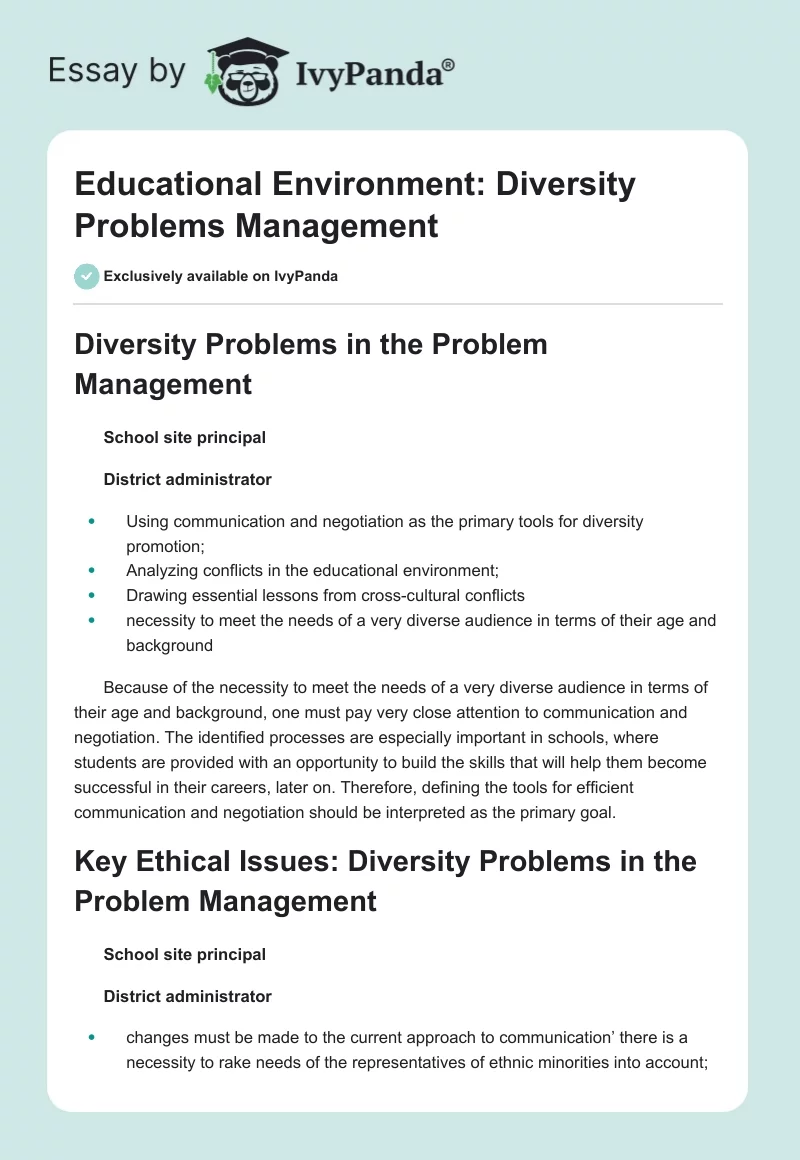 Educational Environment: Diversity Problems Management. Page 1