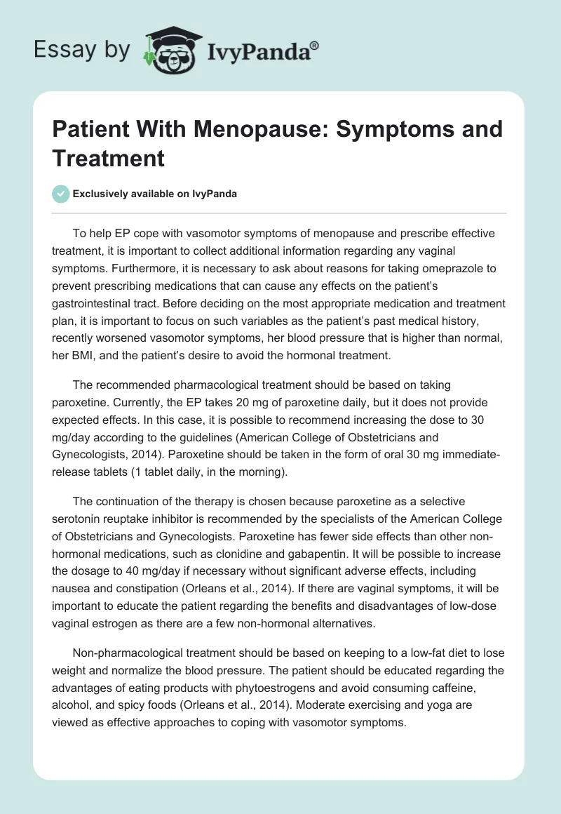 Patient With Menopause: Symptoms and Treatment. Page 1