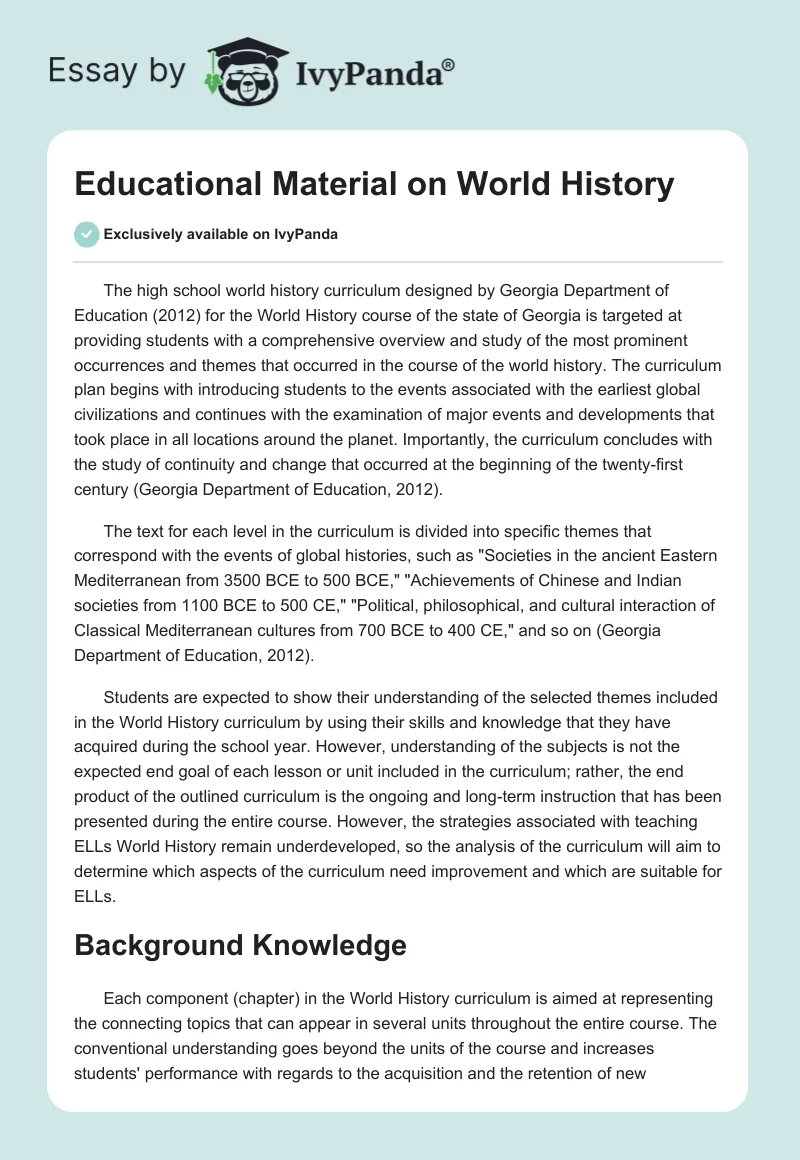 Analyzing the Georgia High School World History Curriculum. Page 1