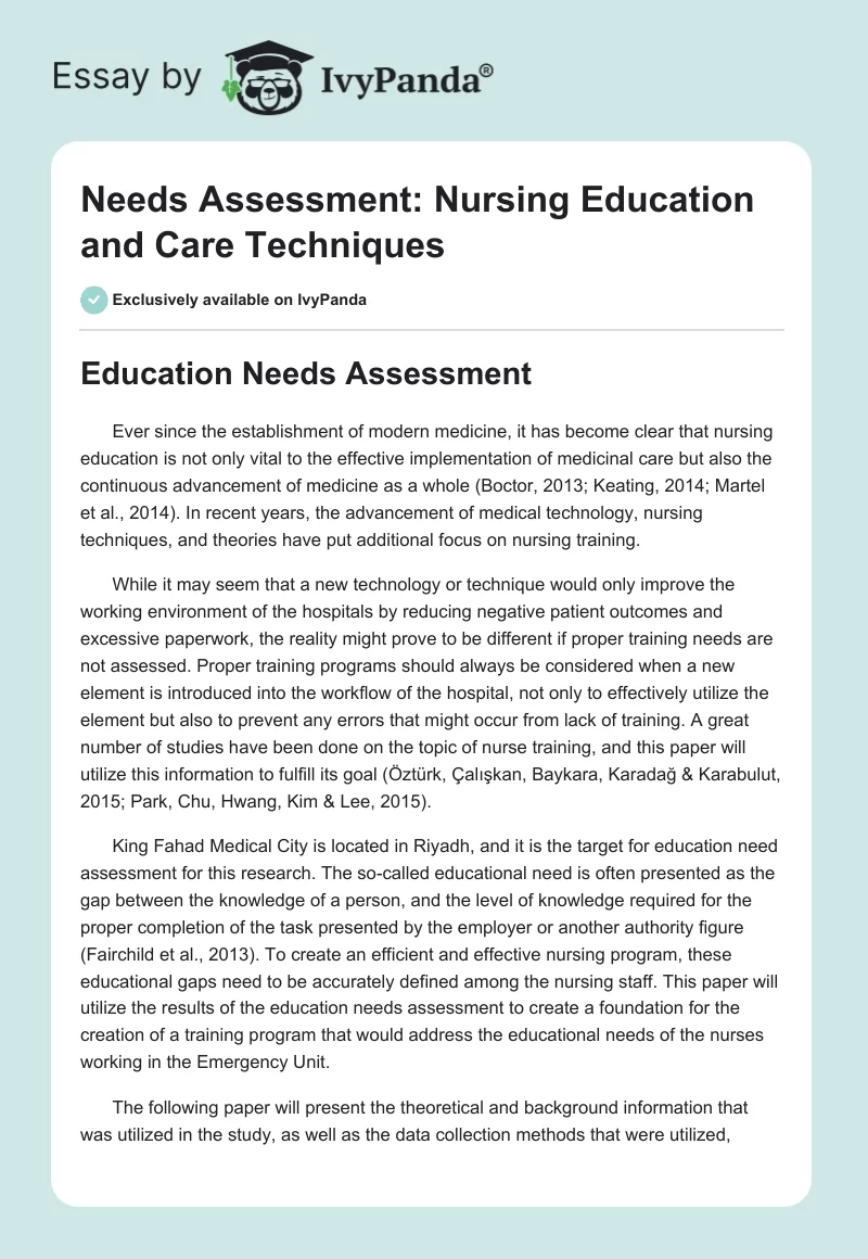 Needs Assessment: Nursing Education and Care Techniques. Page 1