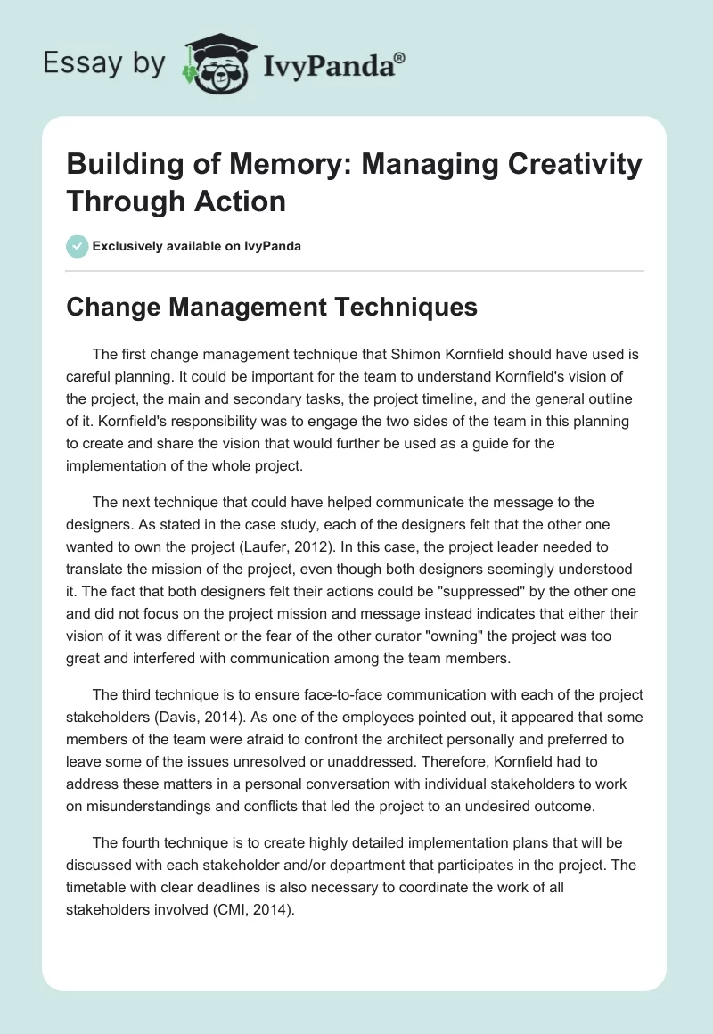 Building of Memory: Managing Creativity Through Action. Page 1