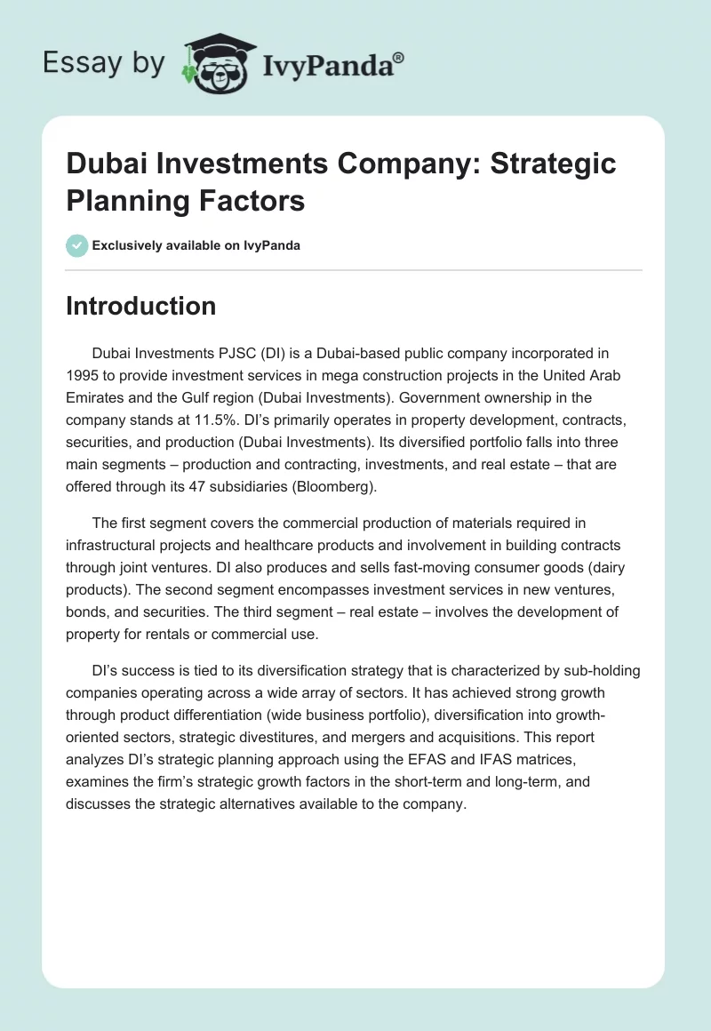 Dubai Investments Company: Strategic Planning Factors. Page 1
