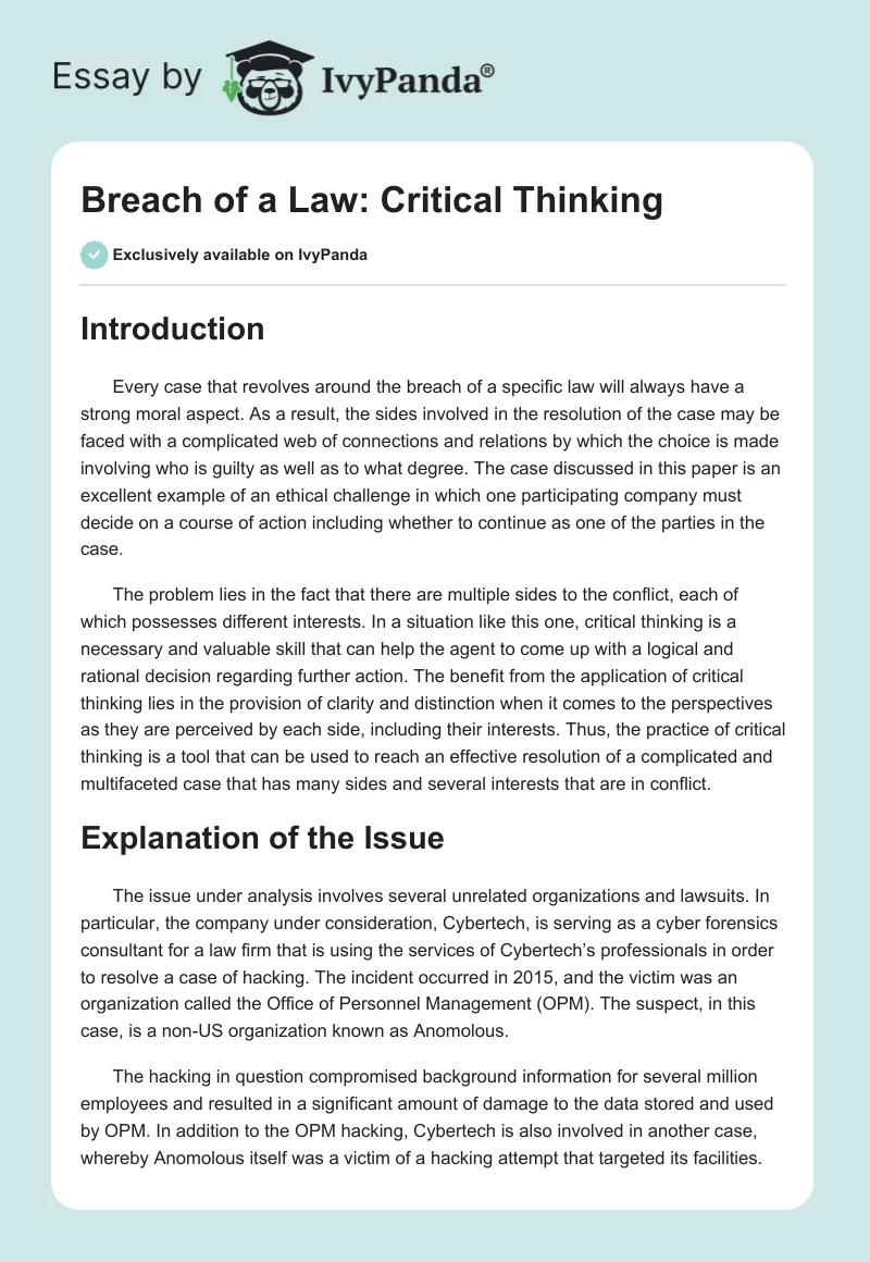Breach of a Law: Critical Thinking. Page 1