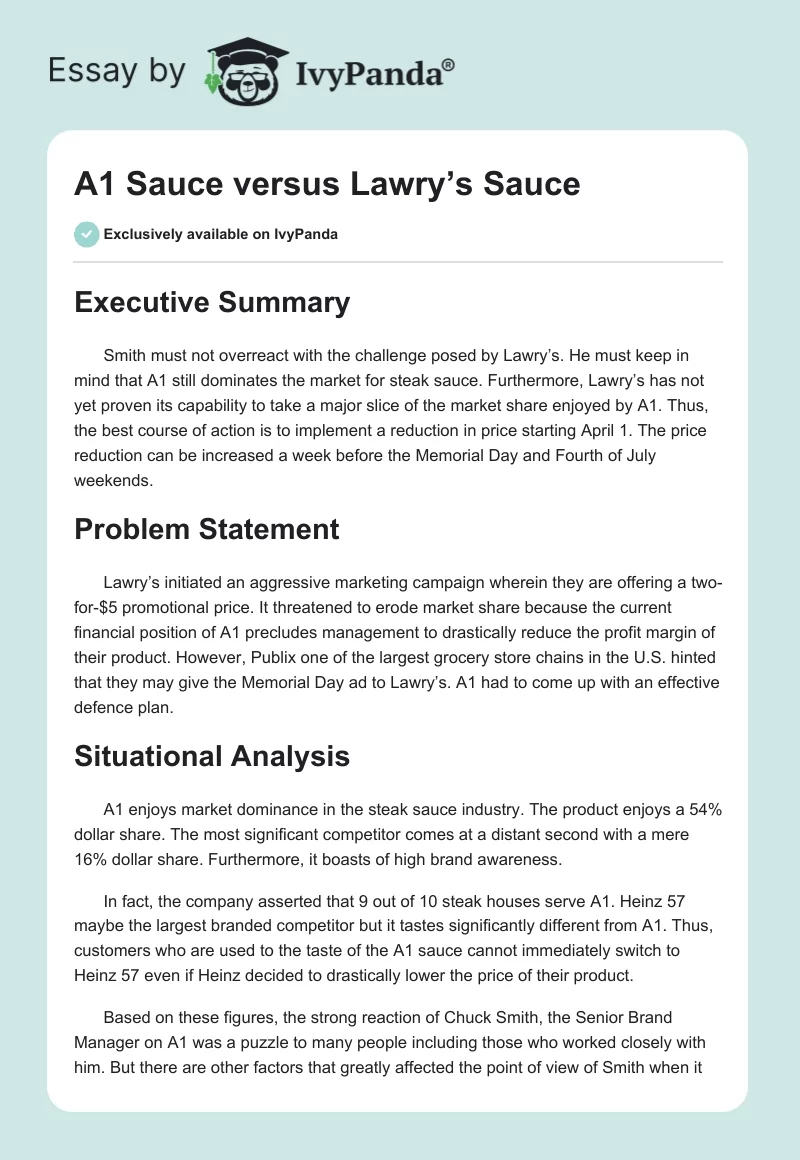 A1 Sauce versus Lawry’s Sauce. Page 1