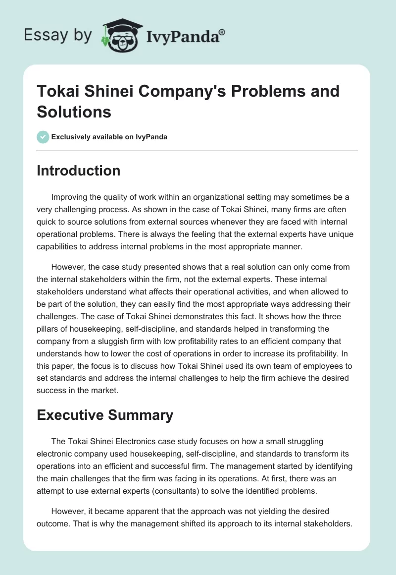 Tokai Shinei Company's Problems and Solutions. Page 1