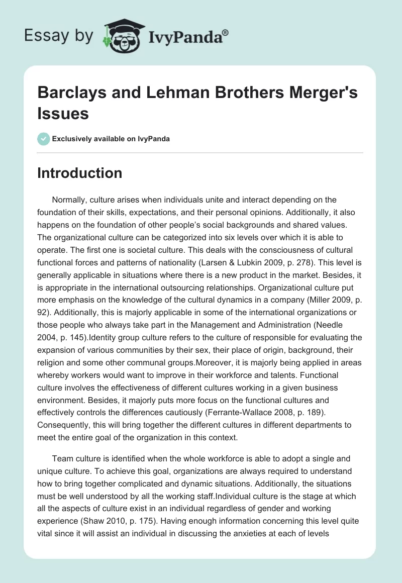Barclays and Lehman Brothers Merger's Issues. Page 1