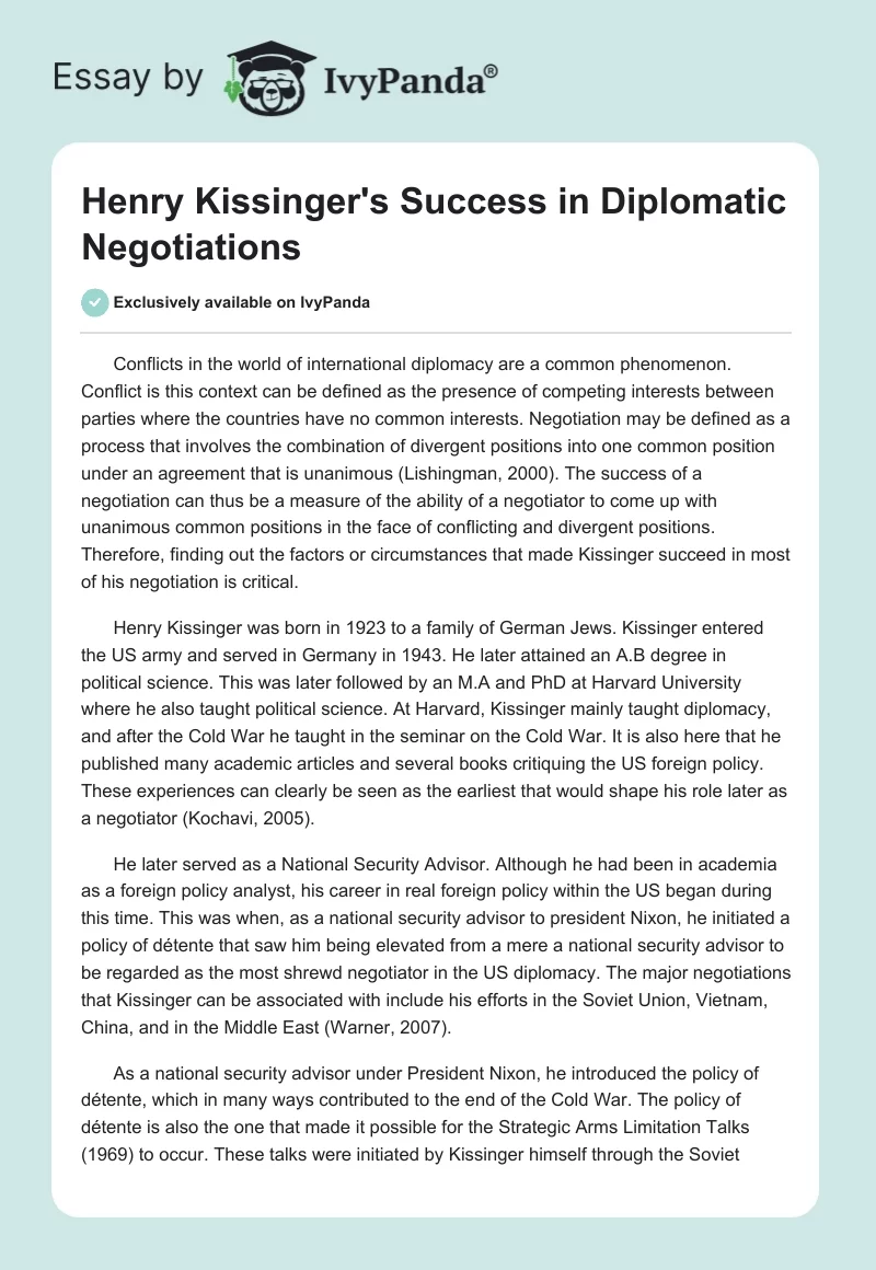 Henry Kissinger's Success in Diplomatic Negotiations. Page 1