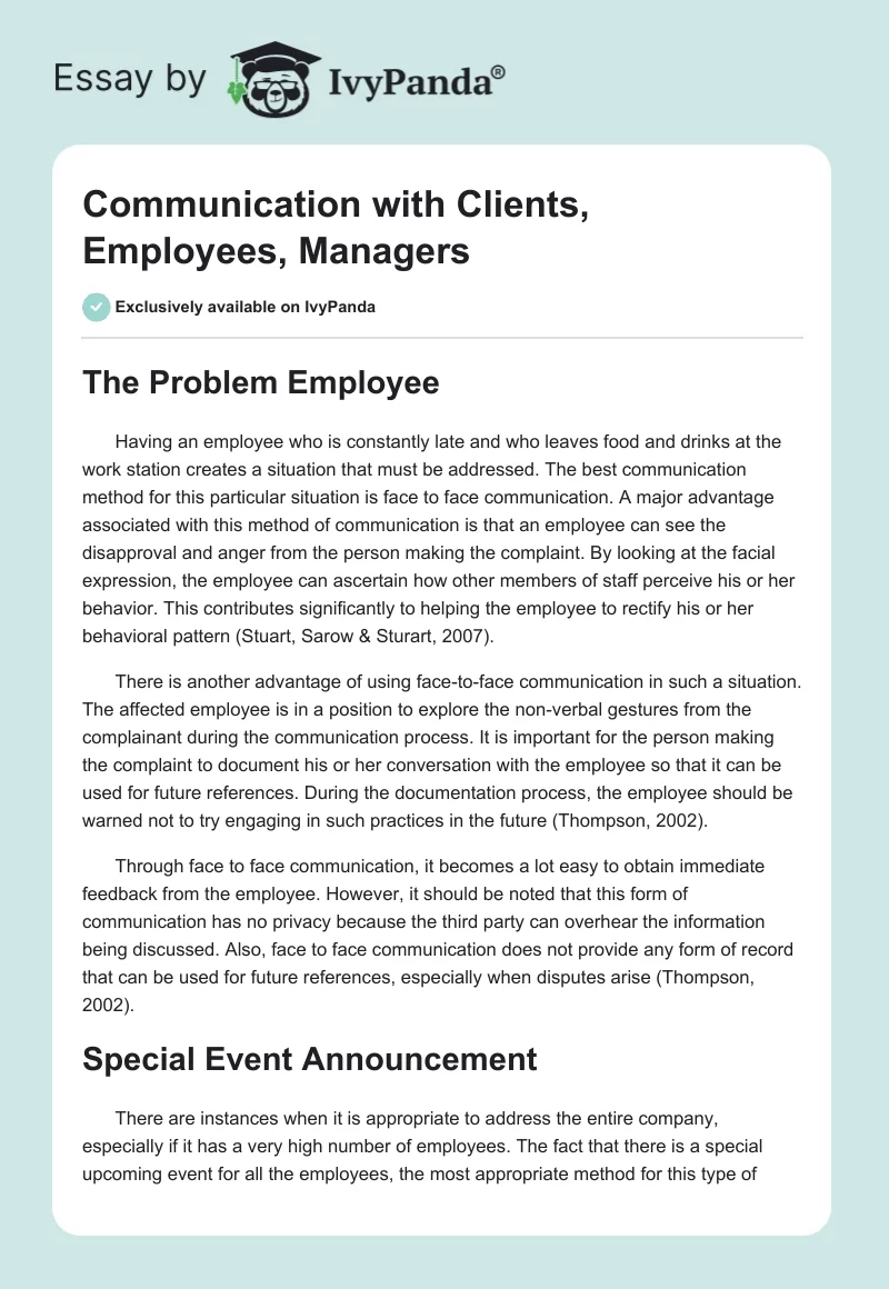 Communication with Clients, Employees, Managers. Page 1