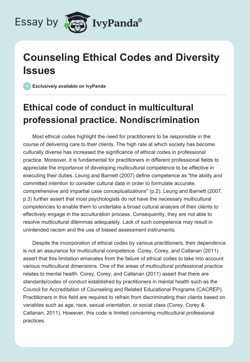 Counseling Ethical Codes and Diversity Issues. Page 1