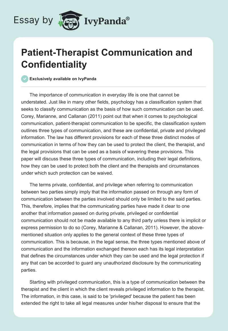 Patient-Therapist Communication and Confidentiality. Page 1
