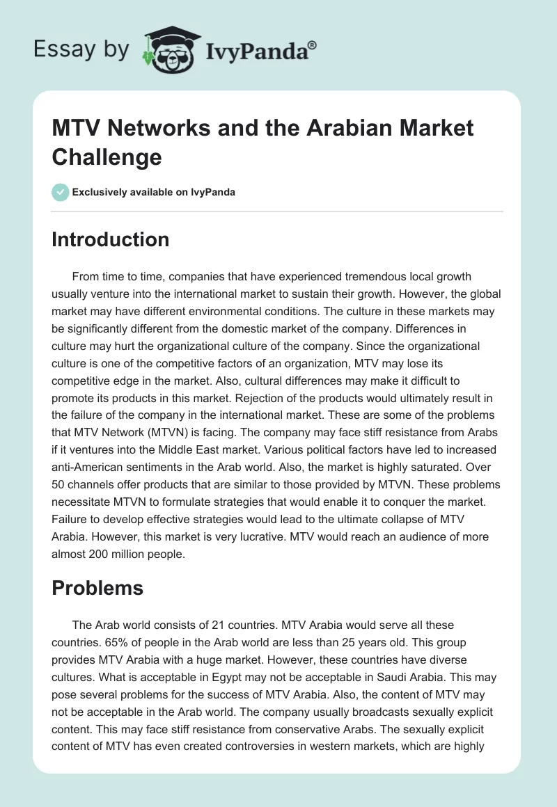 MTV Networks and the Arabian Market Challenge. Page 1