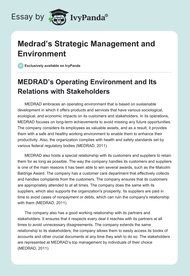 Medrad’s Strategic Management and Environment. Page 1