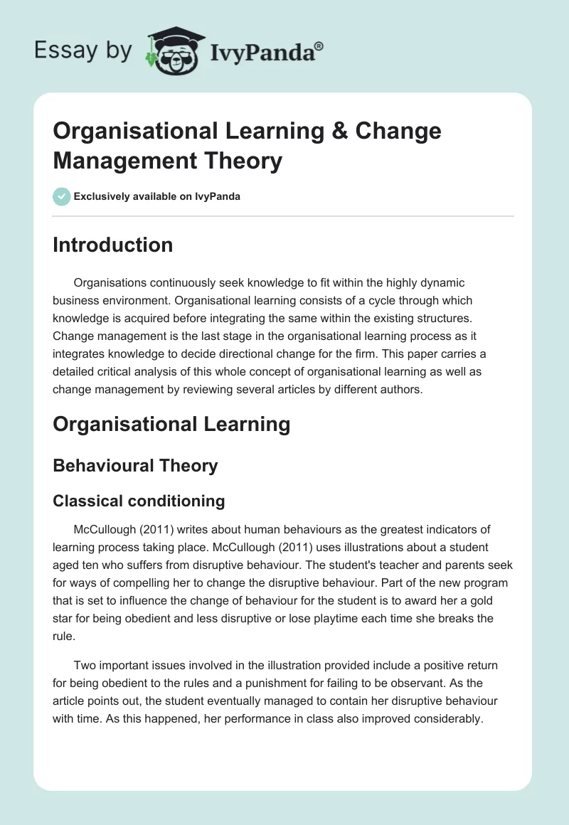 Organisational Learning & Change Management Theory. Page 1