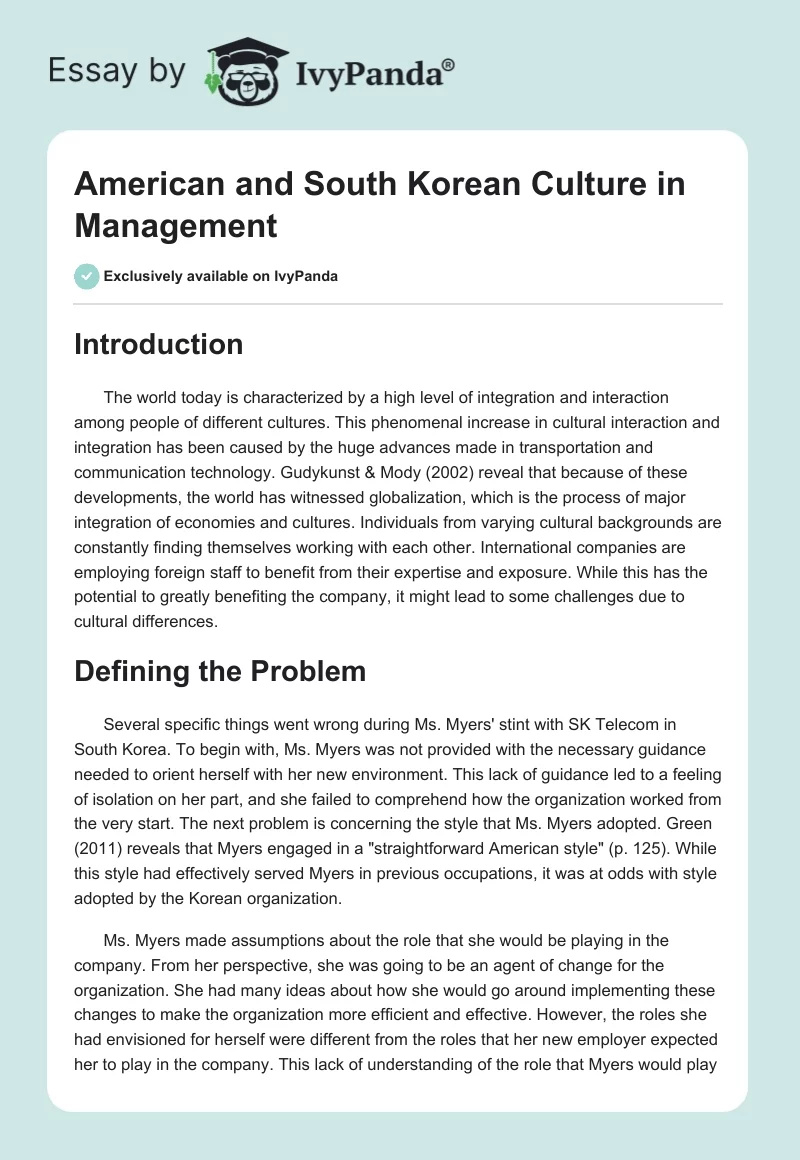 American and South Korean Culture in Management. Page 1
