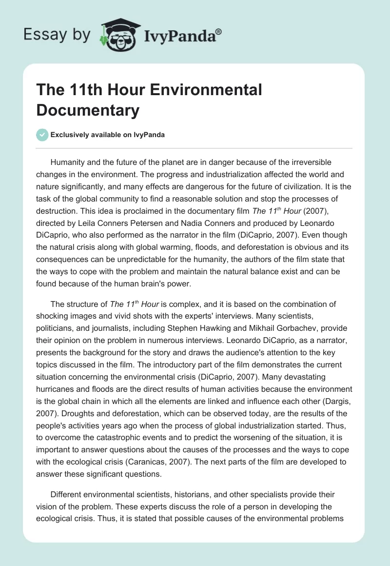 "The 11th Hour" Environmental Documentary. Page 1