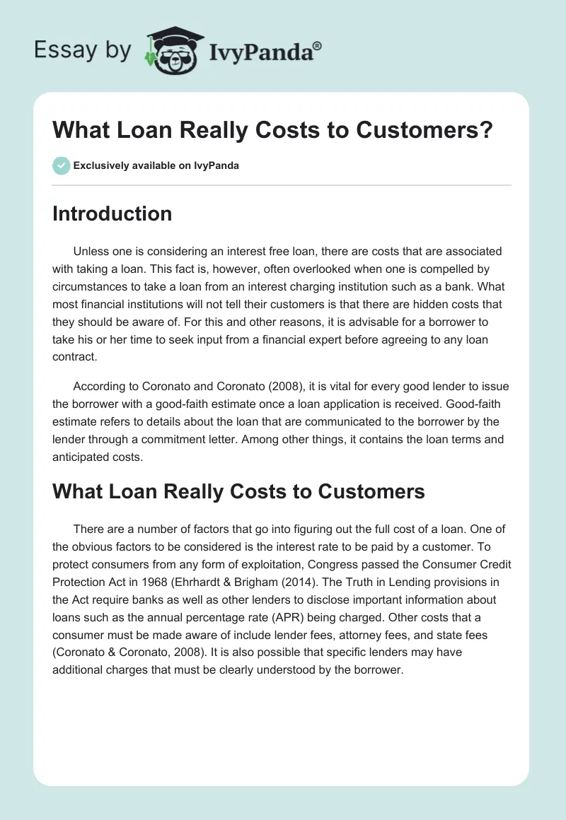 What Loan Really Costs to Customers?. Page 1