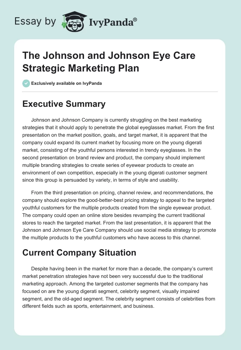 The Johnson and Johnson Eye Care Strategic Marketing Plan. Page 1