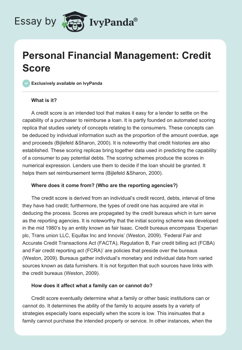 Personal Financial Management: Credit Score. Page 1