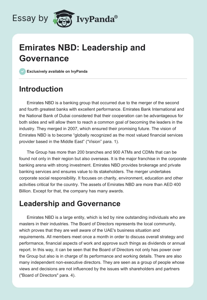 Emirates NBD: Leadership and Governance. Page 1