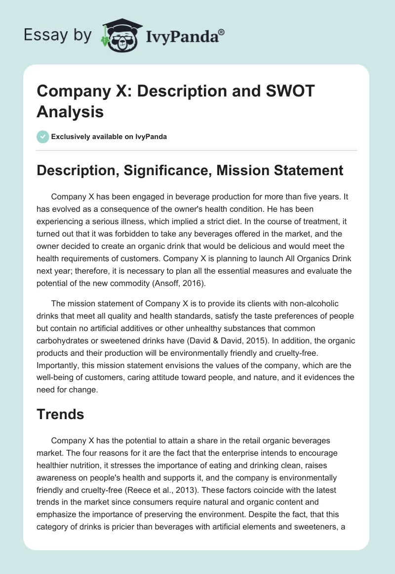 Company X: Description and SWOT Analysis. Page 1
