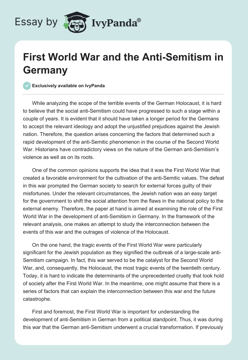 First World War and the Anti-Semitism in Germany. Page 1