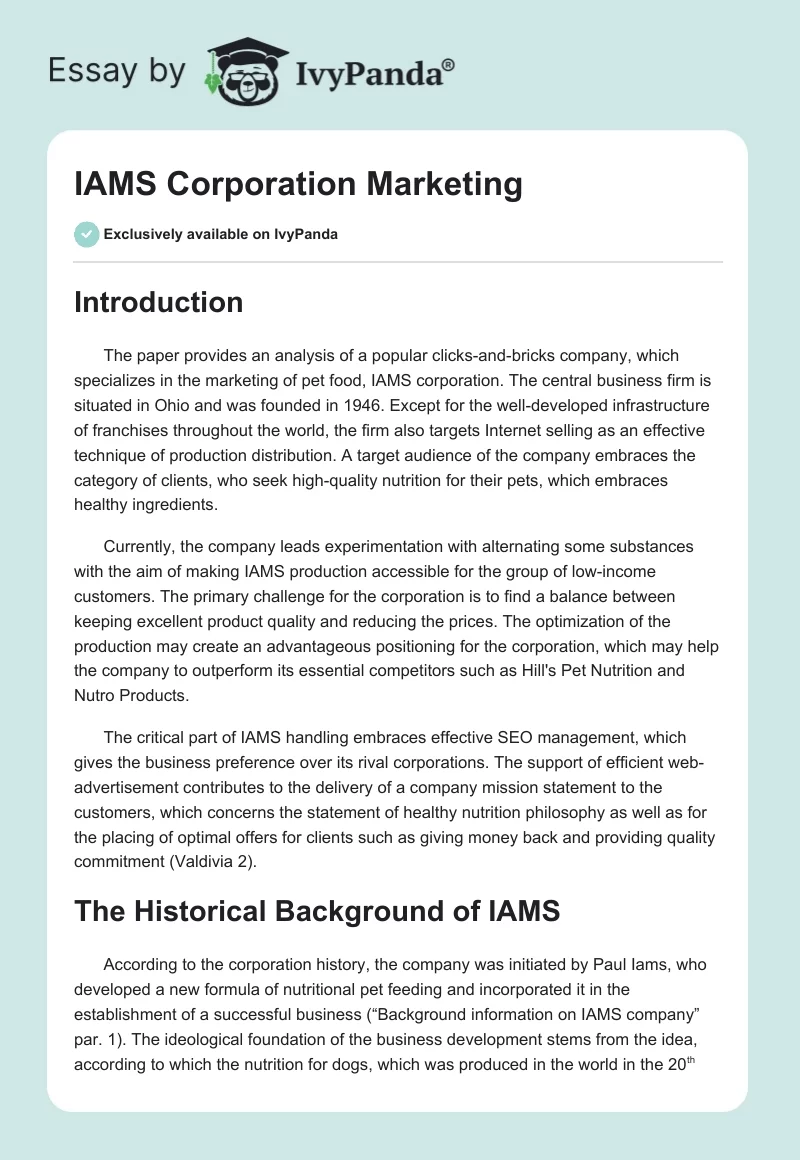 IAMS Corporation Marketing. Page 1