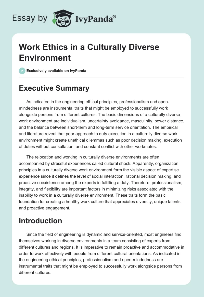 Work Ethics in a Culturally Diverse Environment. Page 1
