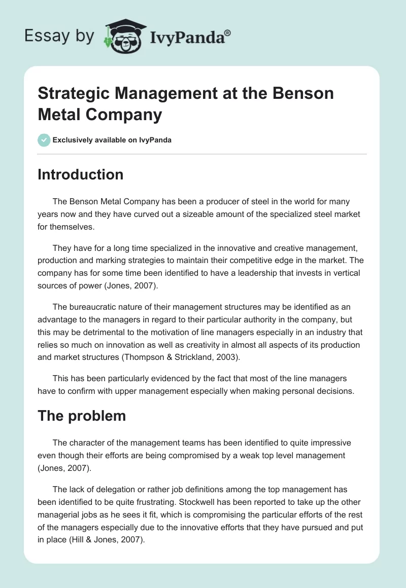 Strategic Management at the Benson Metal Company. Page 1