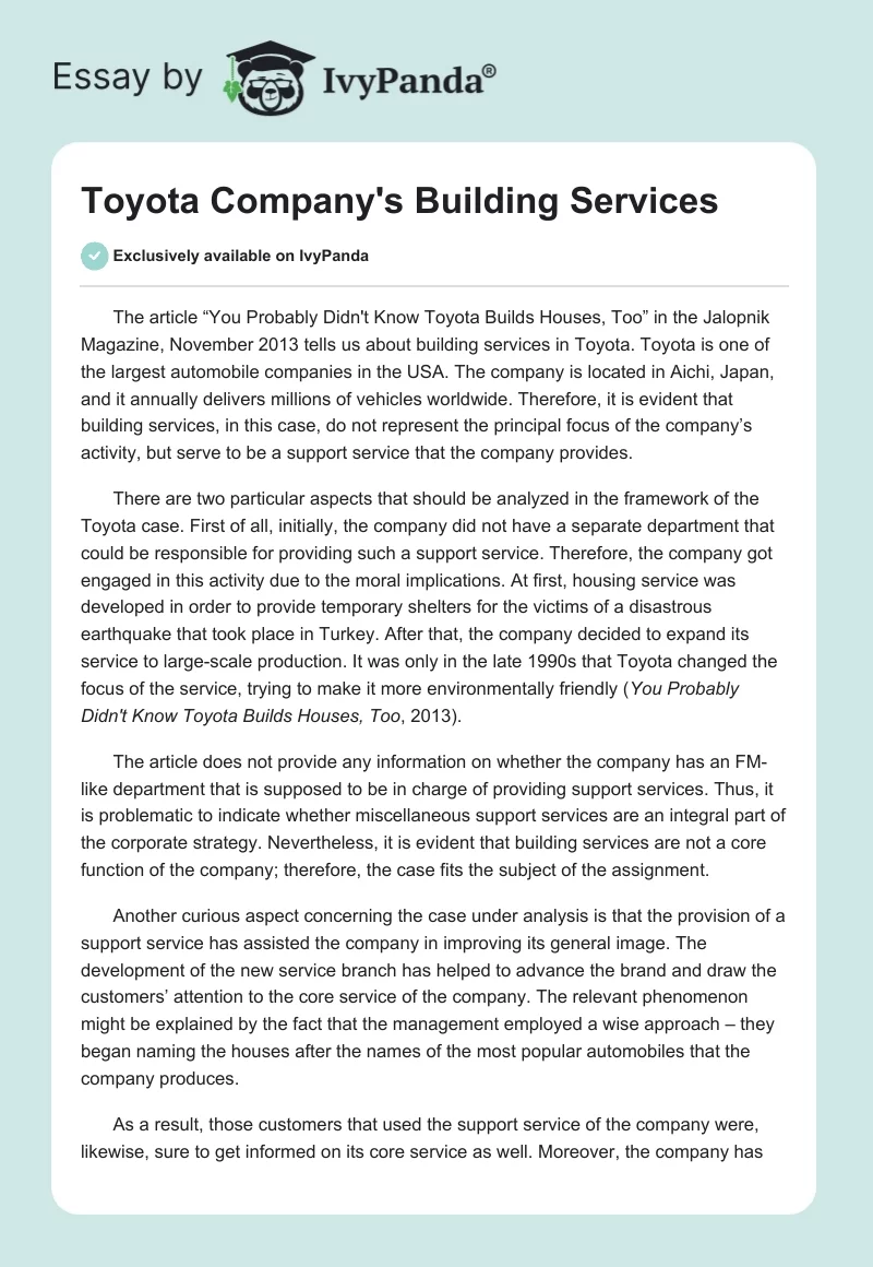 Toyota Company's Building Services. Page 1