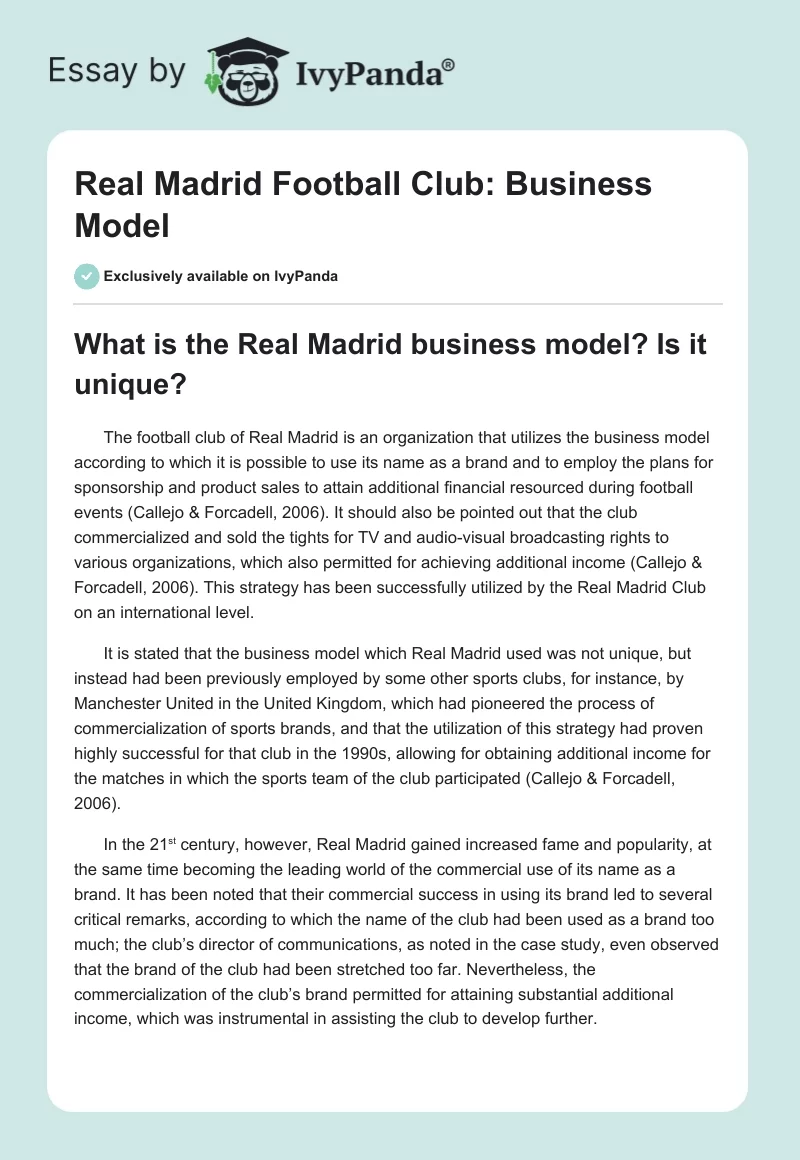 Real Madrid Football Club: Business Model. Page 1