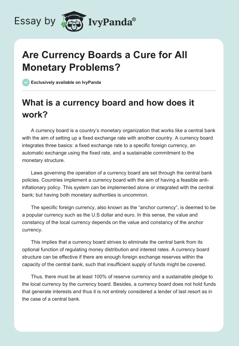 Are Currency Boards a Cure for All Monetary Problems?. Page 1