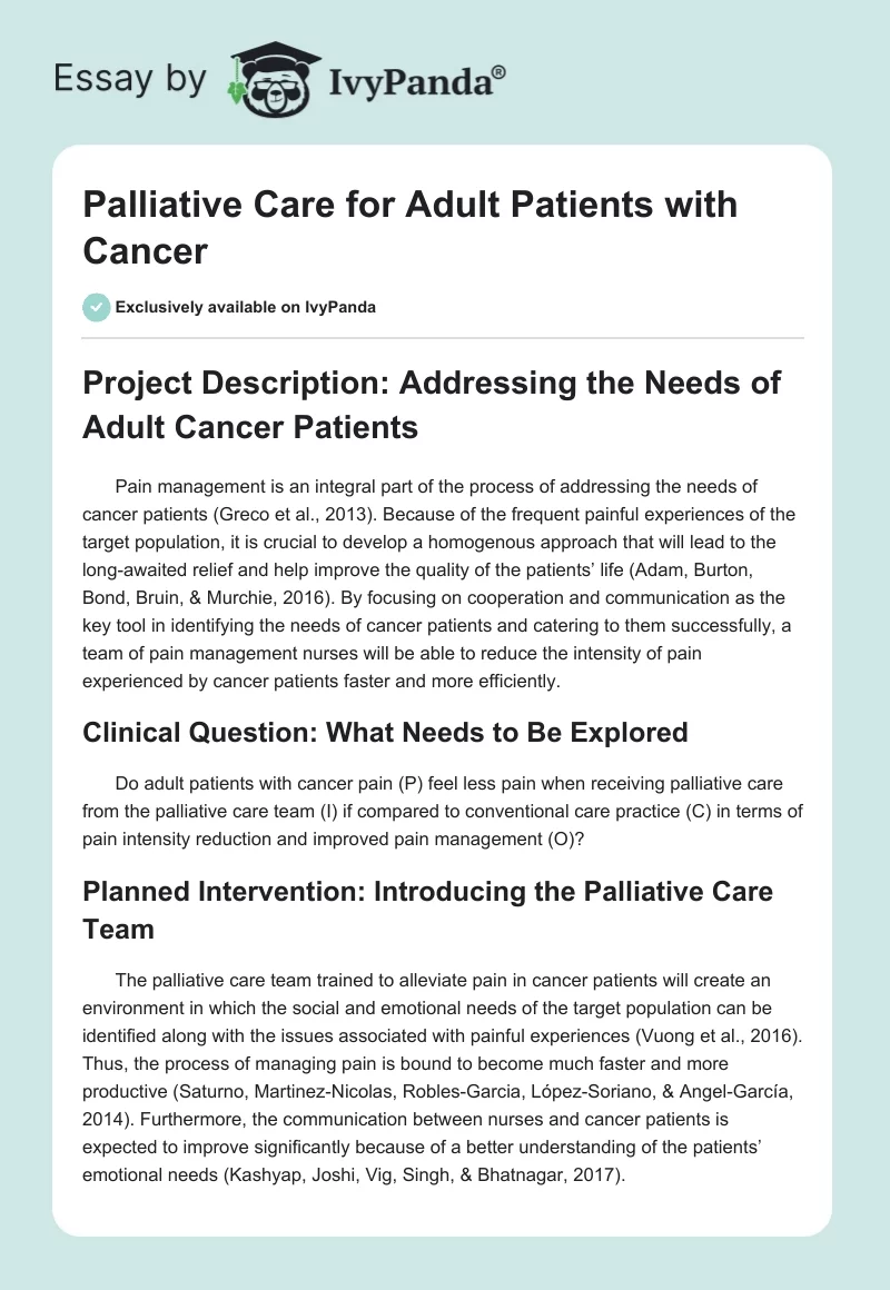 Palliative Care for Adult Patients With Cancer. Page 1