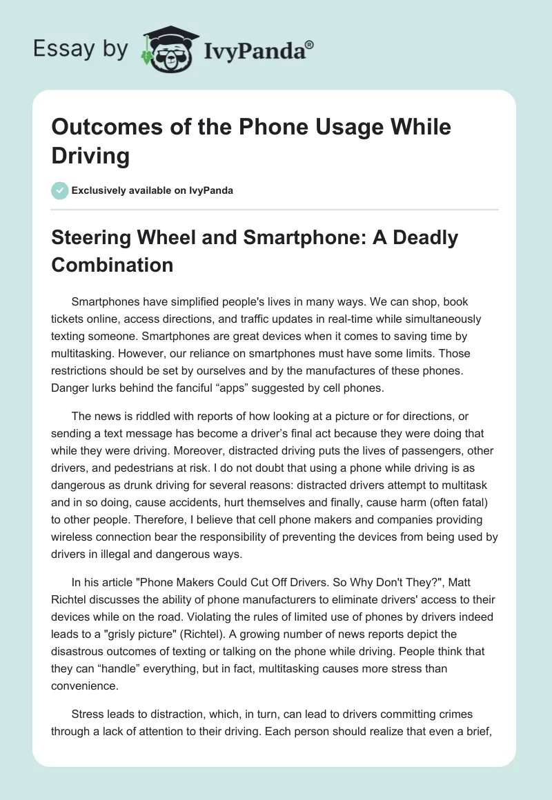 Outcomes of the Phone Usage While Driving. Page 1