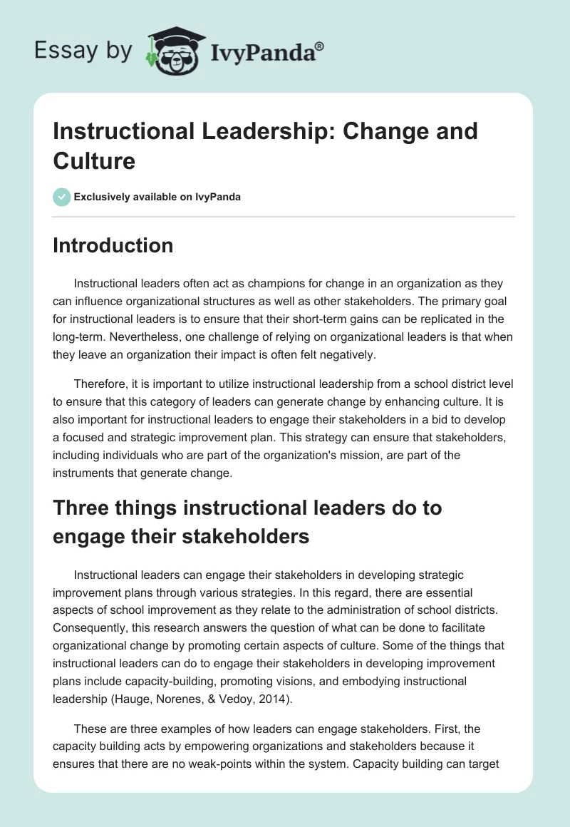 Instructional Leadership: Change and Culture. Page 1