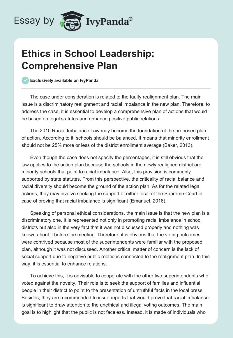 Ethics in School Leadership: Comprehensive Plan. Page 1
