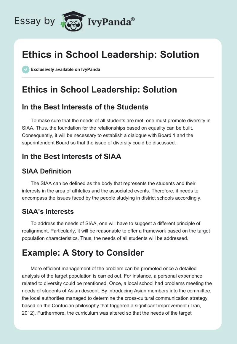 Ethics in School Leadership: Solution. Page 1
